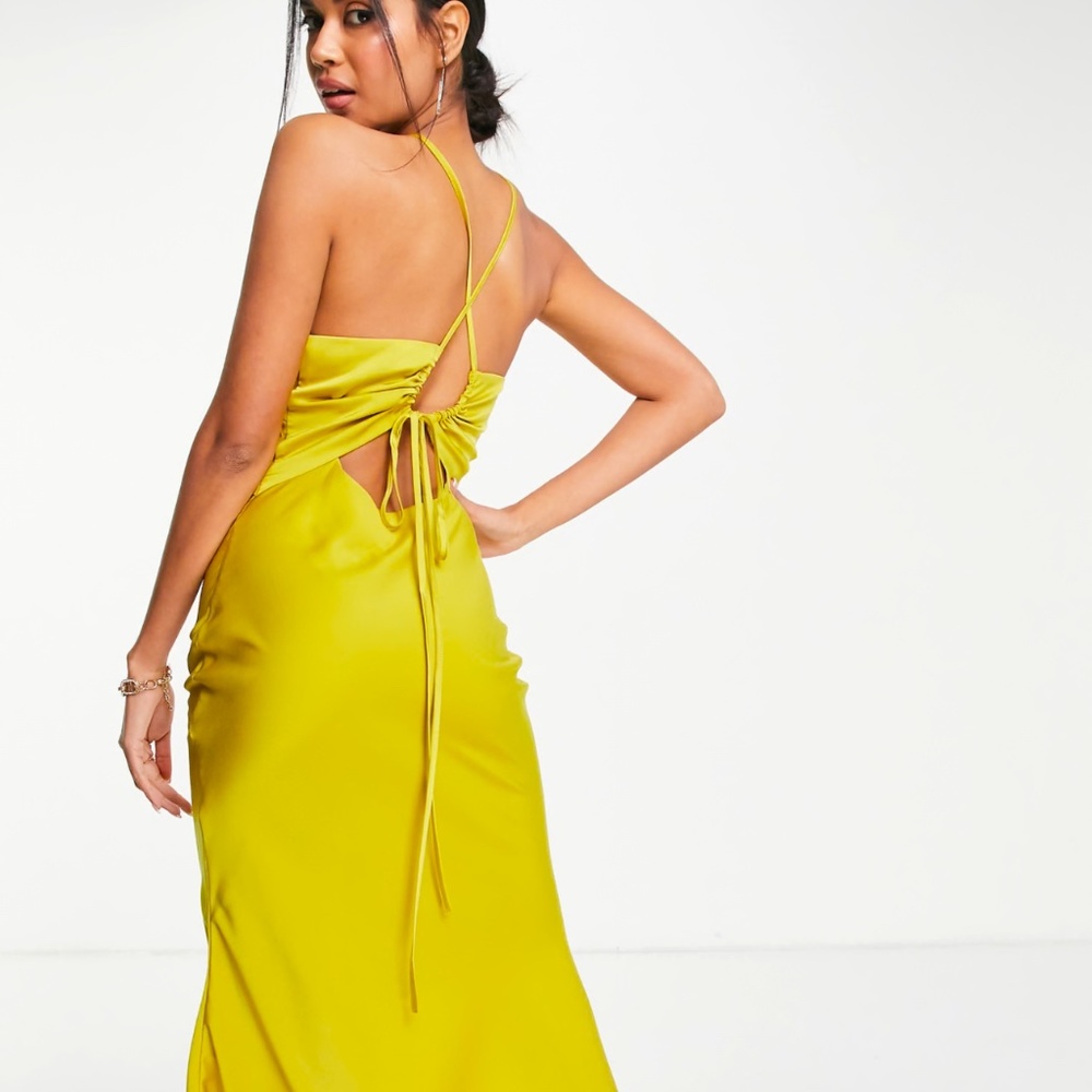 ASOS DESIGN knot front satin midi dress with tie back detail in olive